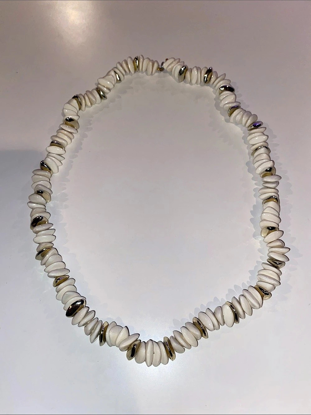 Vintage Shell Bead Necklace in White & Gold